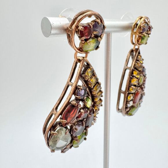 PJM China Colorful Glass Rhinestone Paisley Drop Big Statement Earrings Signed - Picture 5 of 14